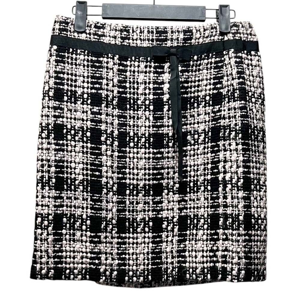 Ann Taylor LOFT Mini Tweed Skirt Black Light Pink Plaid Side Zip Sz 2P